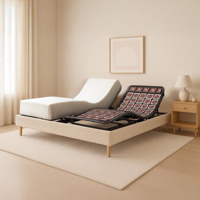 Set letto elettrico beige 140x190 cm, con base a doghe regolabile e bordo in velluto a coste + materasso.