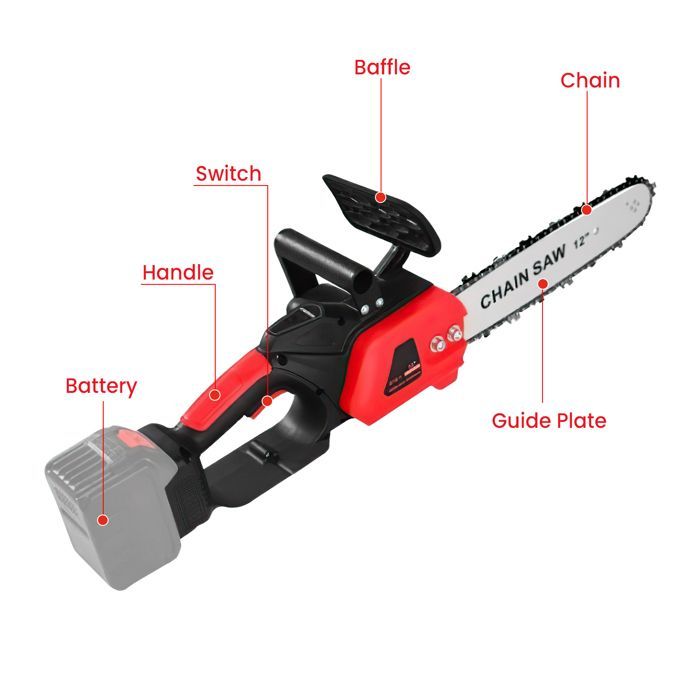 Scie à Chaîne Sans Fil 12 Pouces - Moteur Sans Balais 800W - 2 Batteries Incluses - Autonomie 50 min -Coupe 40 cm -Compatible