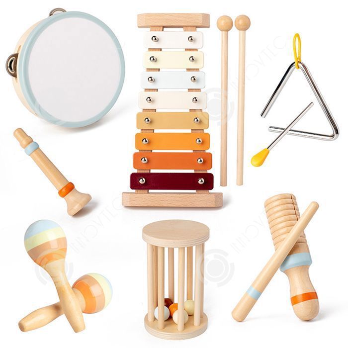 Set di 7 strumenti musicali in legno Montessori per bambini, giocattolo per imparare la musica e riconoscere i colori.