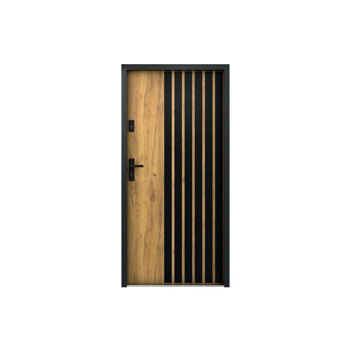 Porte d'entrée pleine en acier H207 x L100 cm - Effet chêne avec rayures noires - épaisseur 55 mm - poussant droit - COBRITA
