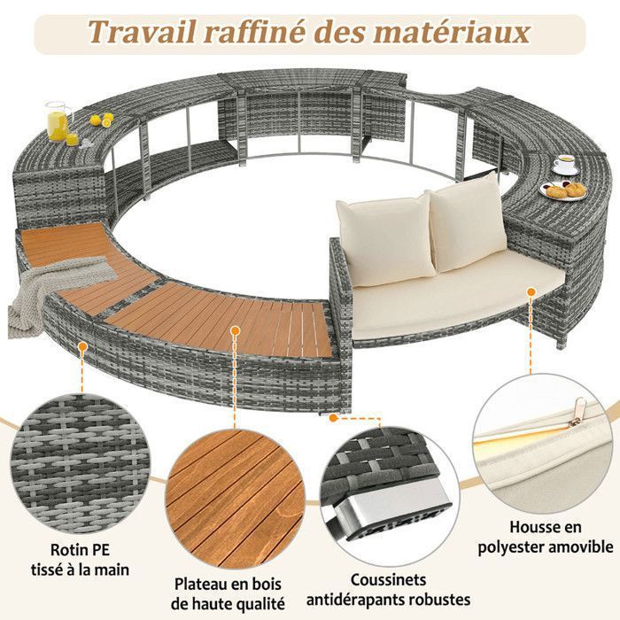 Salon de jardin exterieur Pool Surround PE Rattan et bois d'acacia pour jacuzzis et piscines avec pieds réglables, tapis