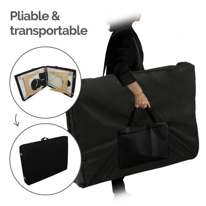 Lettino da massaggio in legno pieghevole a 3 sezioni da 15 cm con pannello Reiki + accessori e custodia per il trasporto - Nero - Vivezen