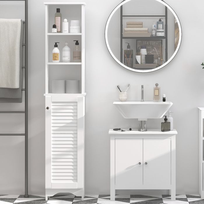 Armario alto de baño HOMCOM - 3 nichos, puerta con rejilla, 3 estantes - MDF - 30x30x144cm - Blanco