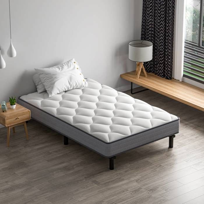 Conjunto de colchón y base de cama STANEW de 90x190x18cm, colchón de muelles ensacados y robusto armazón de cama de hierro con 6 patas.