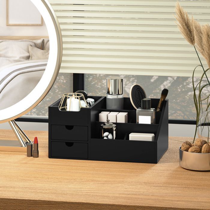 Organizador de escritorio - HOMCOM - Caja de almacenamiento de 7 compartimentos con 2 cajones - Bambú - Negro