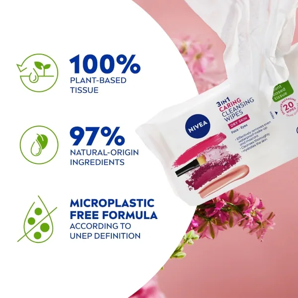 Lenços de limpeza facial biodegradáveis NIVEA para pele seca, pacote com 20 unidades.