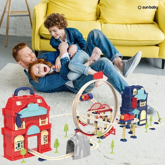 Tren eléctrico Sun Baby para niños de 3 años en adelante: circuito, viaducto, barrera, estación y tiendas.