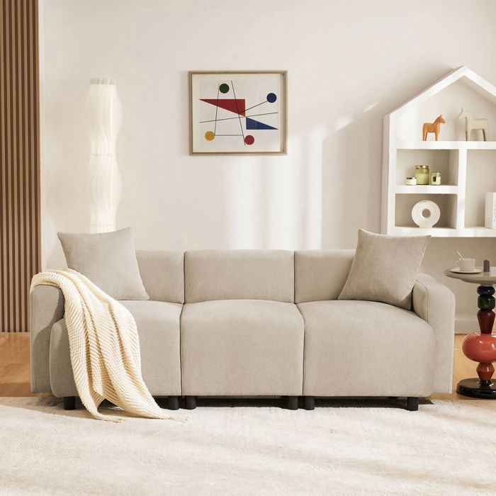 Modern design straight sofa, 3-seater upholstered furniture with decorative cushions, beige living room sofa