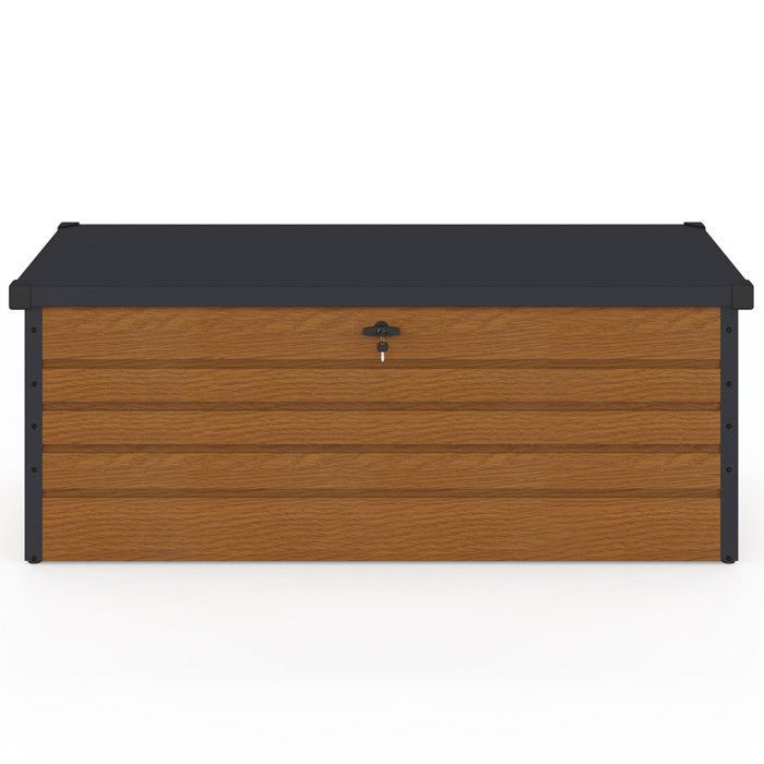 IDMARKET Caja de almacenamiento metálica con cerradura, efecto madera y gris, para jardín, 600 L, 165 x 70 x 63 cm