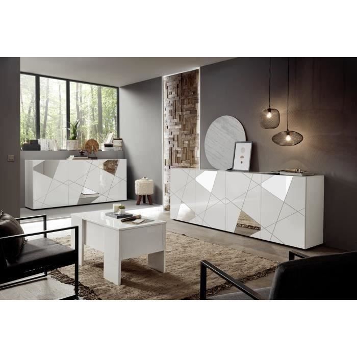 Aparador VICTORY de 3 puertas, lacado en blanco brillante con serigrafía efecto espejo, 181 cm de ancho.