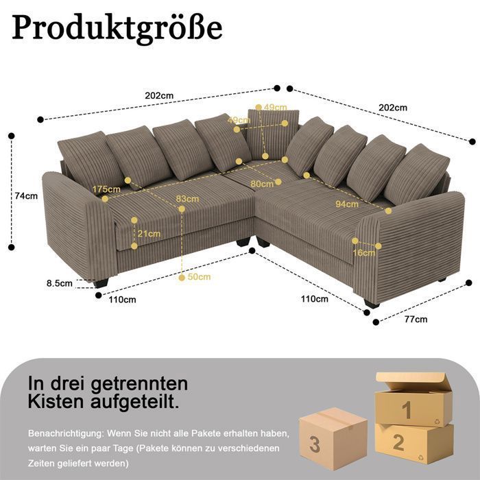 DRIPEX Großes 6-Sitzer-Ecksofa aus Cord, modulares L-förmiges Sofa mit 9 Kissen für Wohnzimmer, Büro, braun