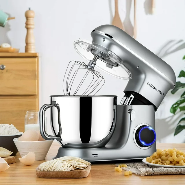 uhomepro 7.5 QT -yleiskone keittiöön, 6+0+P-nopeus, kallistuva pää, 660 W:n taikinakone, kotikäyttöön tarkoitettu sähköinen kakkukone keittiöön, taikinakoukku, vatkain, munanvispilä, lasta, astianpesukoneen kestävä