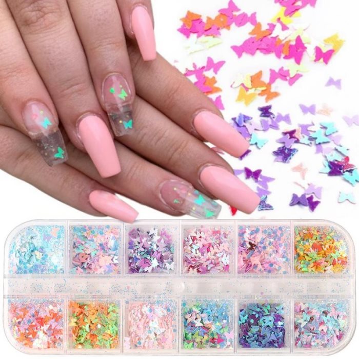 1 Ensemble de décorations pour ongles tendance et élégantes, motif papillon 3D laser, paillettes et feuilles métallisées. Accessoires pour ongles, breloques Ongle.