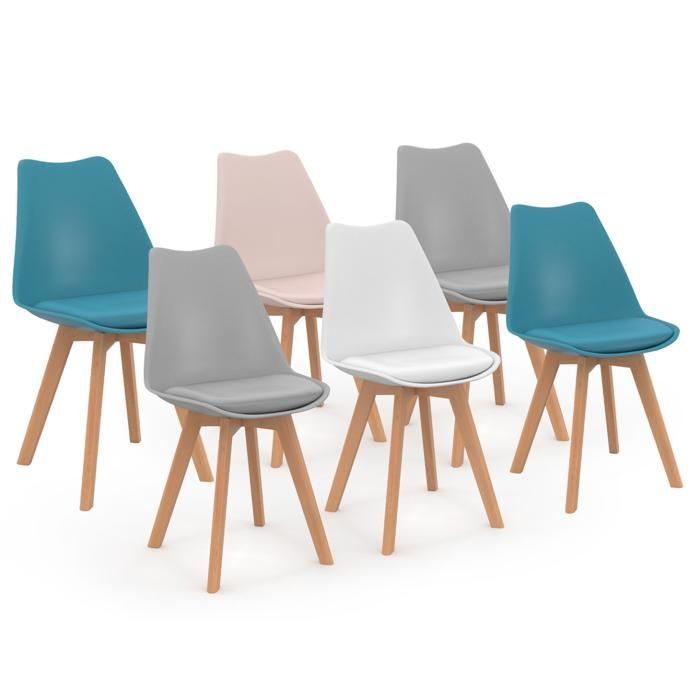 IDMARKET Set van 6 SARA Scandinavische eetkamerstoelen in pastelkleuren: roze, wit, lichtgrijs (2x) en blauw (2x).
