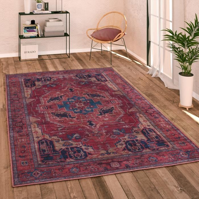Paco Home Woonkamerkleed, kortpolig, vintage oosters patroon met afwasbare rand, roodbeige, 120 cm rond