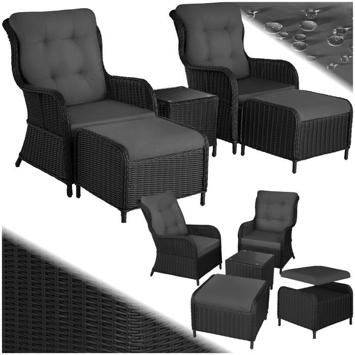 Muebles de jardín - TECTAKE - BENISSA, conjunto de tumbonas desmontables para 2 a 4 personas con mesa - Negro/Gris
