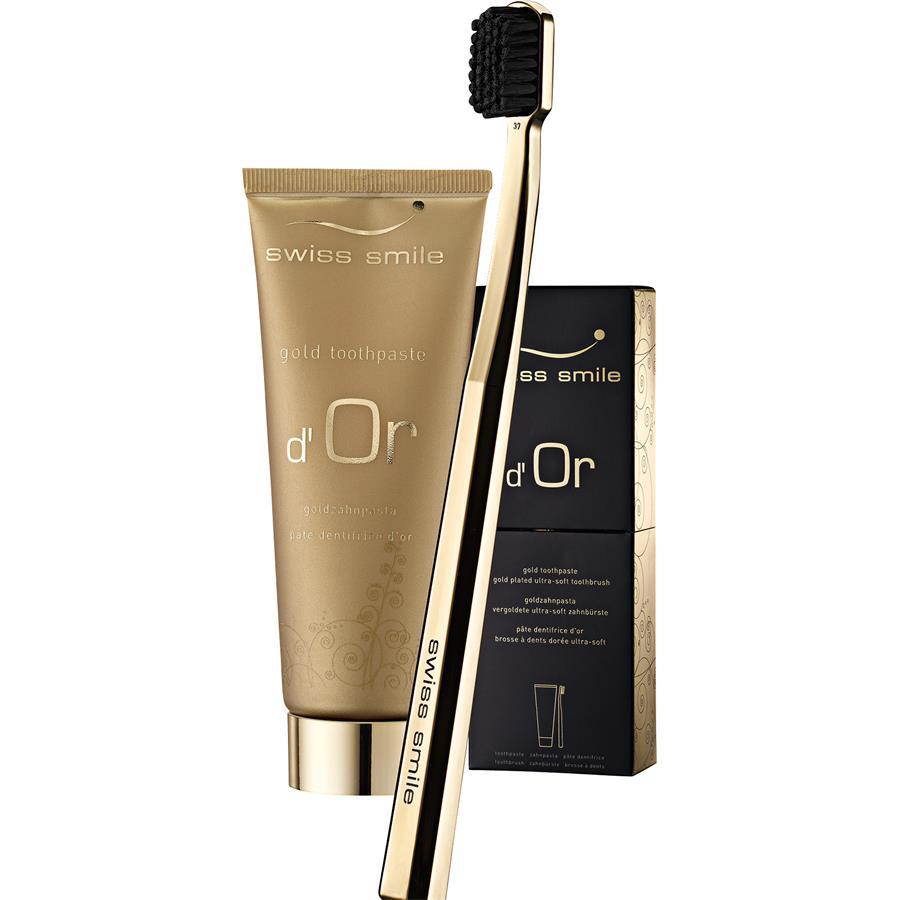 Sada zubných pást Swiss Smile Gold – zlatá zubná pasta 75 ml + zlatá zubná kefka