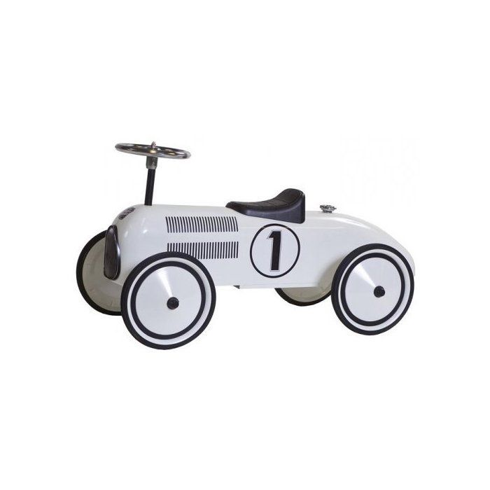 Retro Baby Racer Ride-On Car - Vintage Metal Racing Car, White - Sturdy and Stable - From 24 Months - Early Learning Toy Set and Card