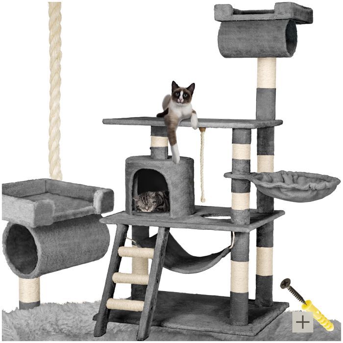 Árbol rascador para gatos - TECTAKE - STOKELEY, 141 cm de altura, con zonas para dormir y cuerda - Gris