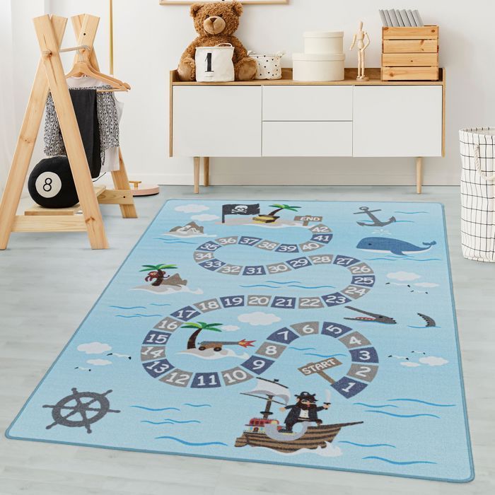 Carpetsale24 Lasten matto merirosvoaiheella, sininen, 80x120 cm, lasten makuuhuoneen matto, vauvanhuoneen matto