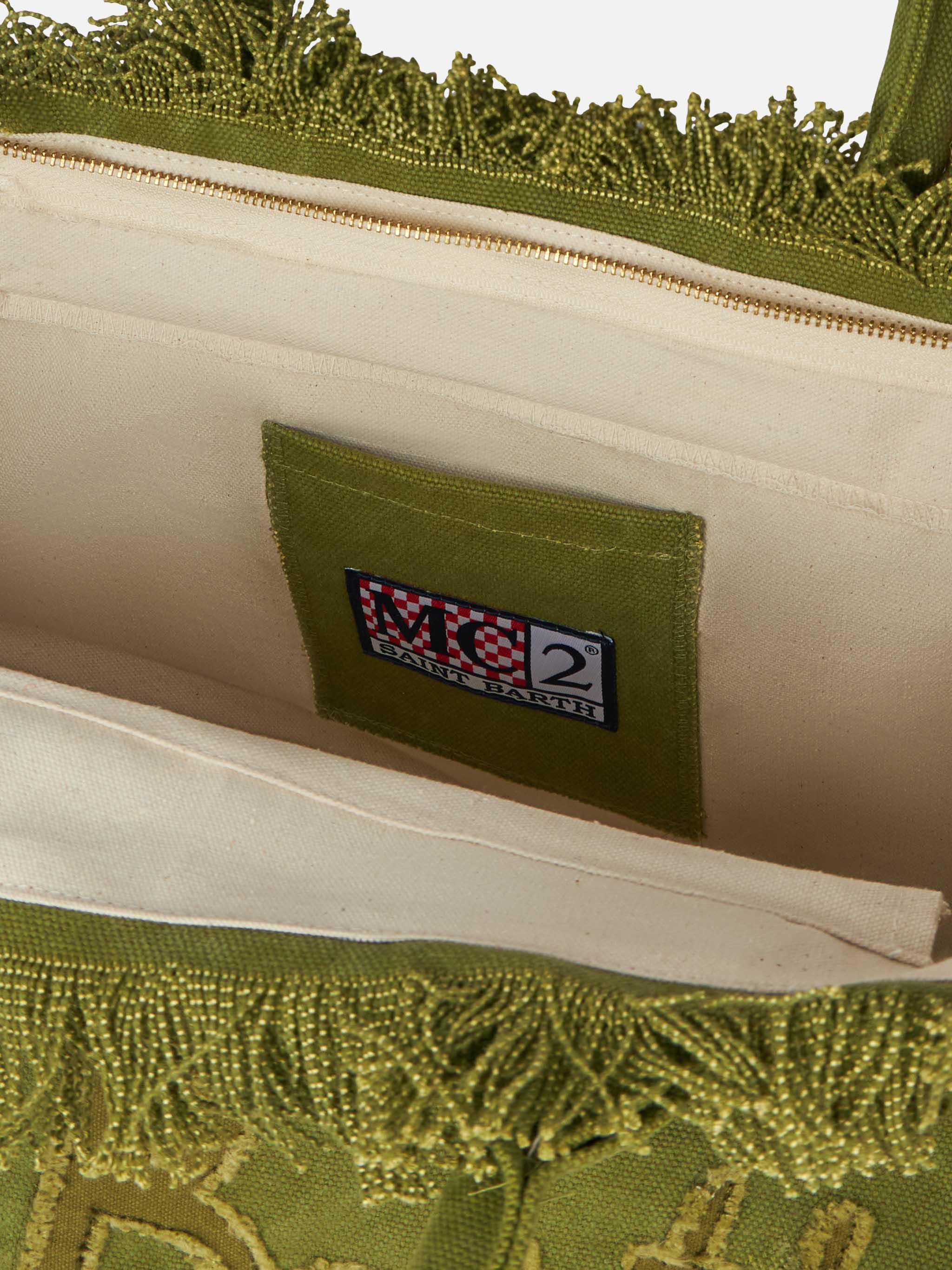 Vanity katoenen canvas draagtas met franjes | Militair groen | Saint Barth signature patch logo | Binnenvak met rits | MC2 Saint Barth