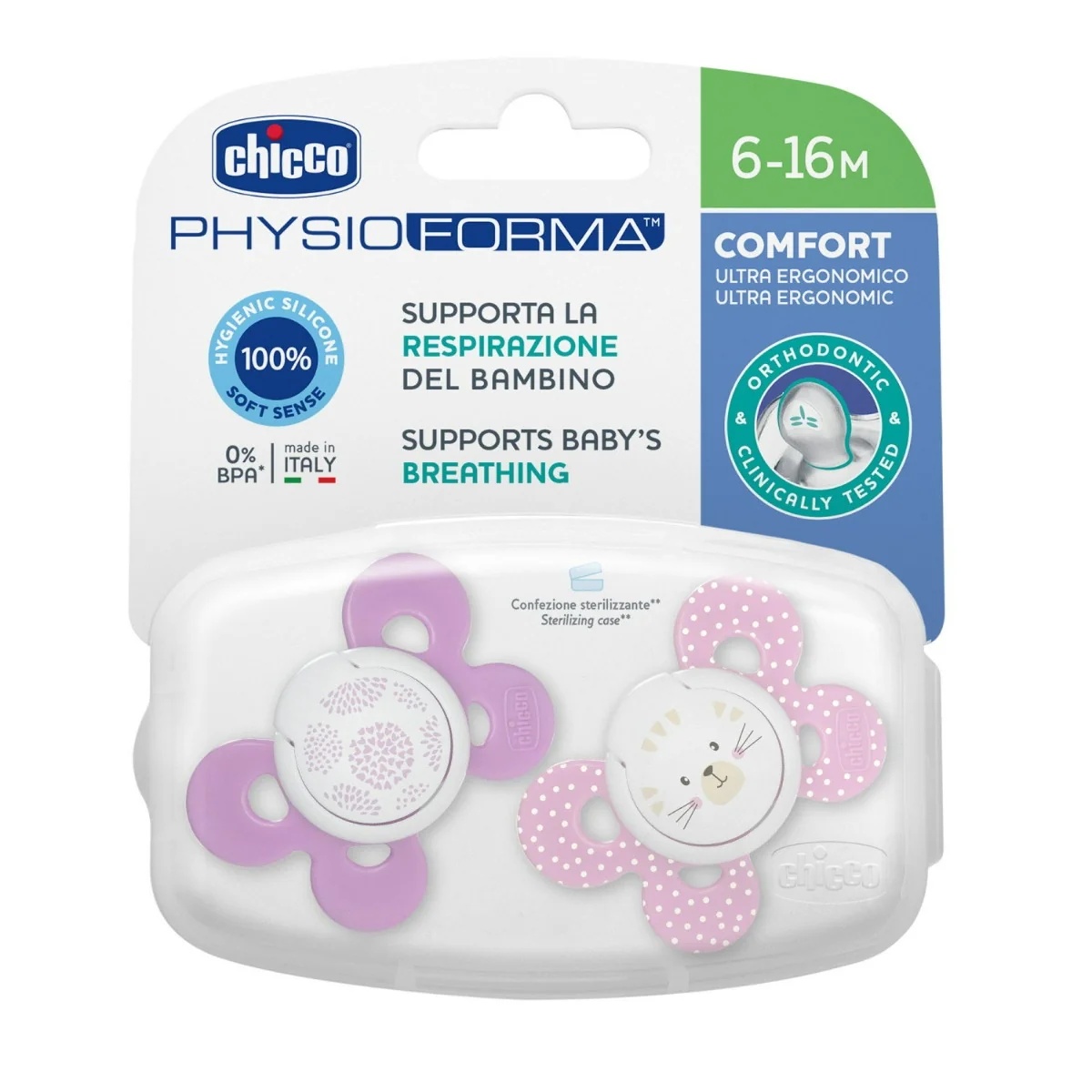 CHICCO Chicco Comfort Girl Chupete de silicona, 2 unidades, 6-16 meses