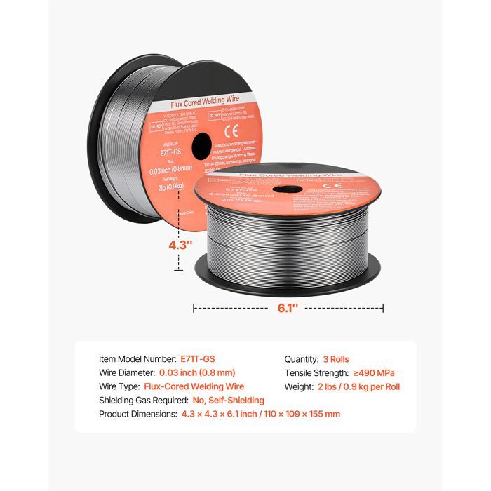 0.8 mm Gasless Flux-Cored Welding Wire - Duoku - 0.9 kg per Spool - MIG E71T - GS - Self-Protected - Mild Steel - Pack of 3