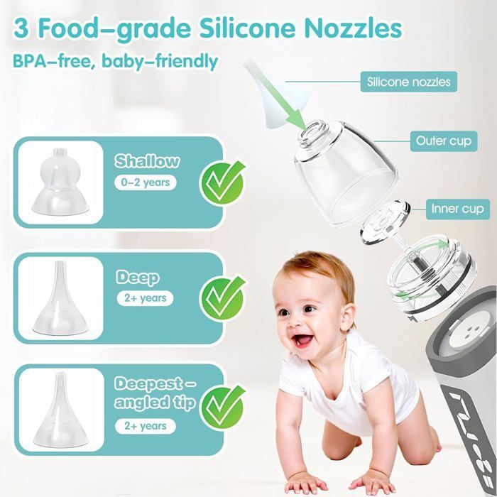 Electric Baby Nasal Aspirator with 3 Soft Silicone Tips, Baby Nasal Aspirator with 3 Suction Levels, Light and Soothing Music
