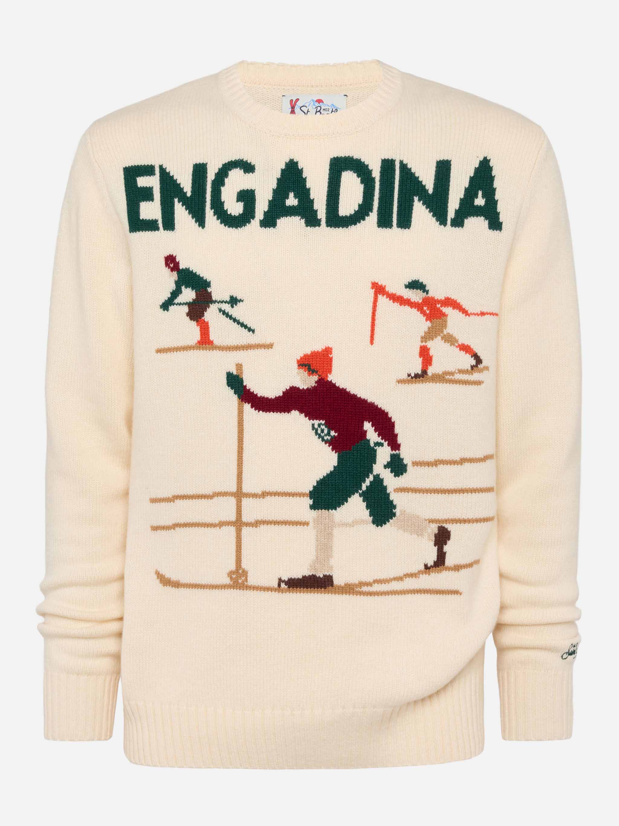 Bombardino lichtwitte trui met Engadina skiërsjacquard.