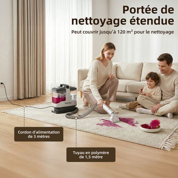 Nettoyeur détacheur - TEENDOW - 500W/17Kpa - Tuyau 1,5M - Cordon 5M - Réservoir 1,5L - Nettoyant inclus
