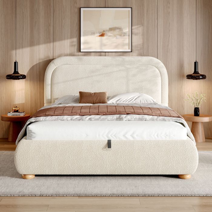 Cama tapizada con almacenamiento de 140x190 cm - MODERNLUXE - Almacenamiento bajo la cama - Cabecero tapizado - Base de láminas - Beige