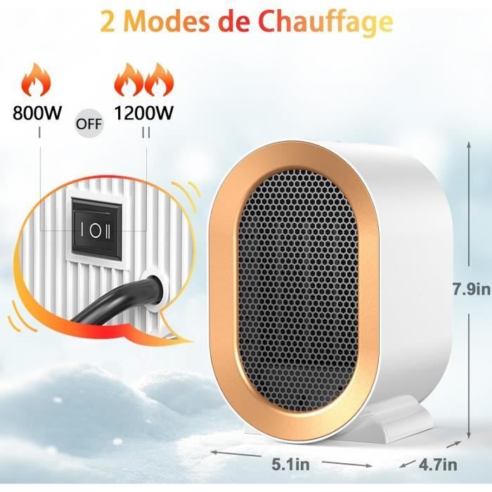 Calefactor auxiliar, radiador eléctrico de 800/1200 W, mini calefactor cerámico con ventilador, protección contra sobrecalentamiento.