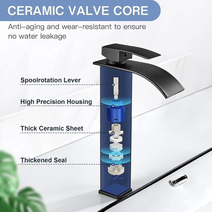 Grifo de lavabo tipo cascada - Grifería de baño - Negro - Grifo mezclador de lavabo - Placa cerámica con serpentín