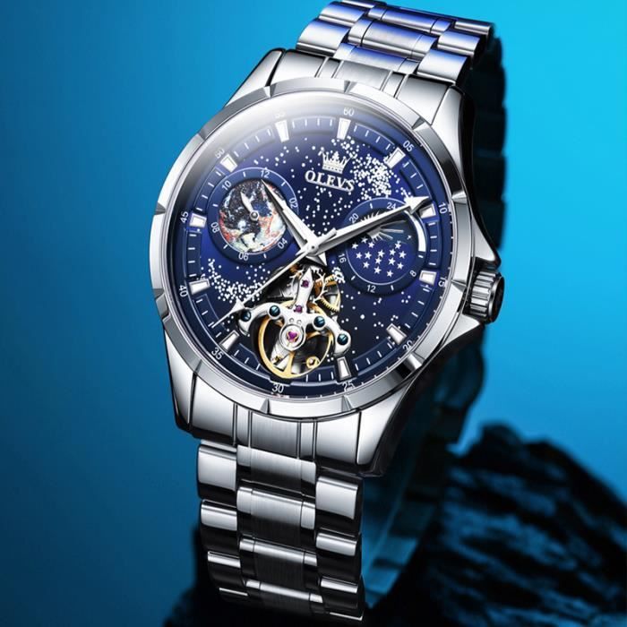 Orologio cronografo meccanico automatico da uomo di marca di lusso con indicazione delle fasi lunari, multifunzione e bracciale in acciaio.