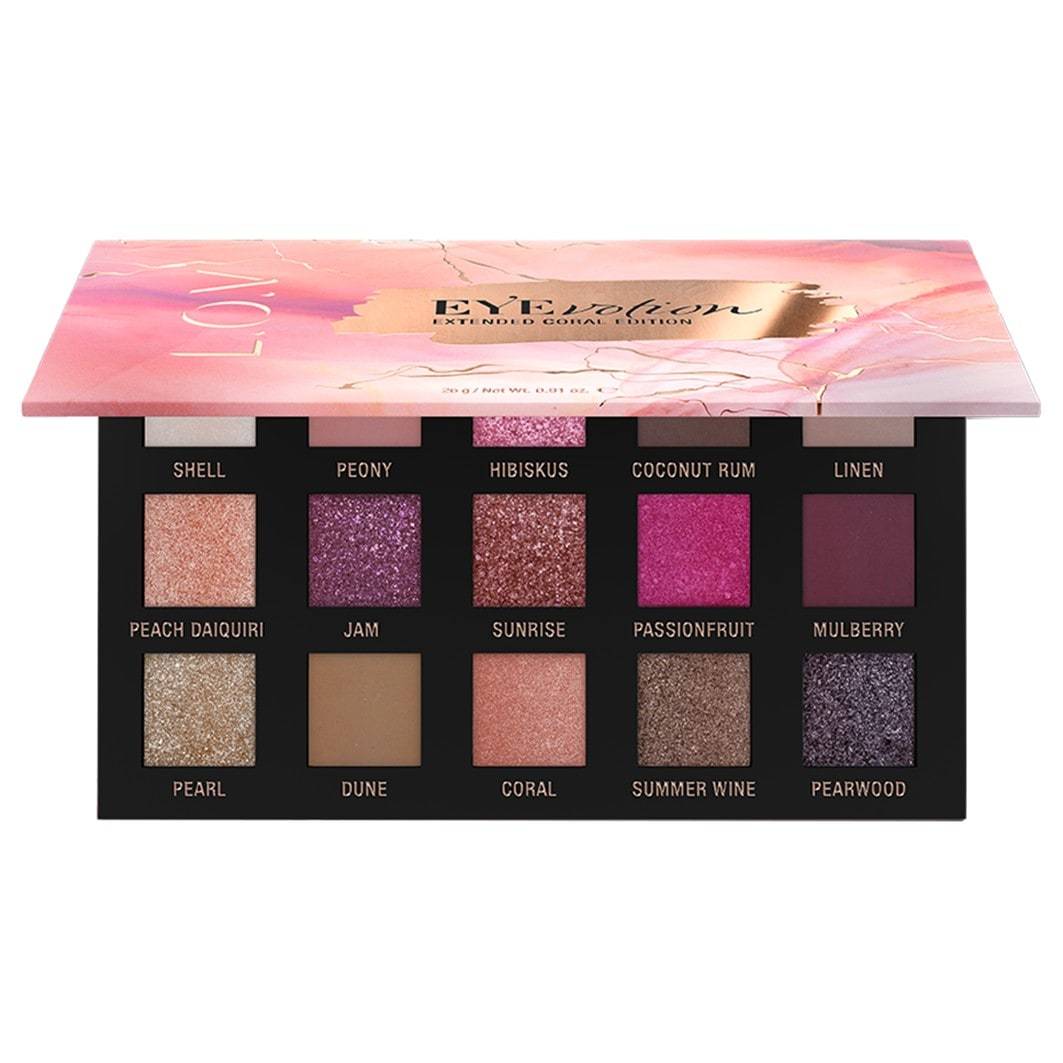 Sada na líčenie LOV v pere - očné tiene Eyevotion Extended 26 g + priesvitný rúž Lipaffair 3,7 g + priesvitný rúž ipaffair 3,7 g + lak na nechty 3 x 15 ml 1 kus.