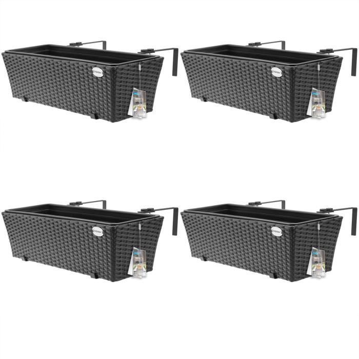 4x 11-liter flower box with mounting bracket, indoor/outdoor planter, flower pot, balcony/terrace decoration, black