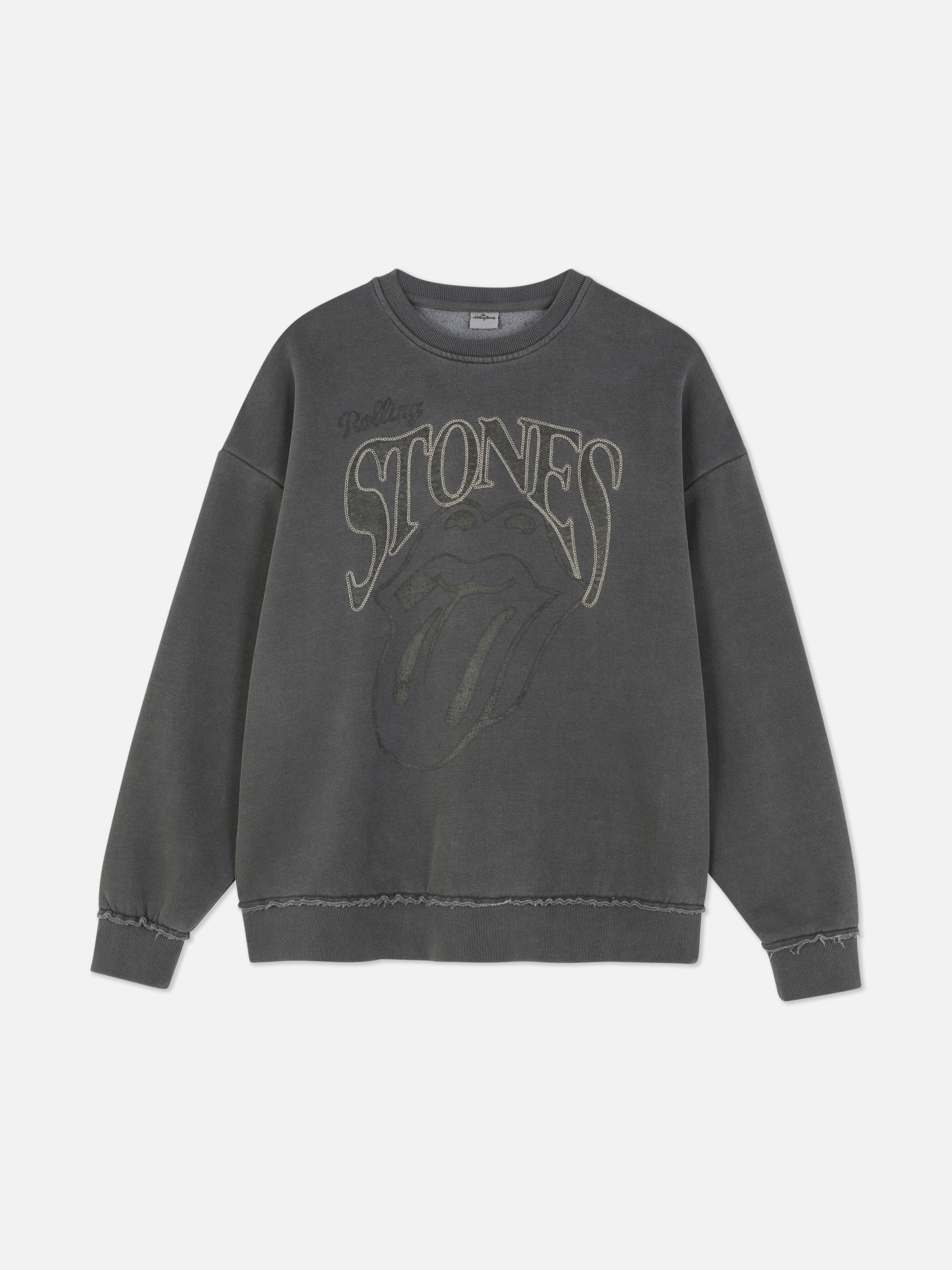 Hanorac cu imprimeu The Rolling Stones. Un hanorac cu aspect uzat, cu umeri căzuți, manșete cu nervuri și imprimeu cu o trupă pe partea din față.