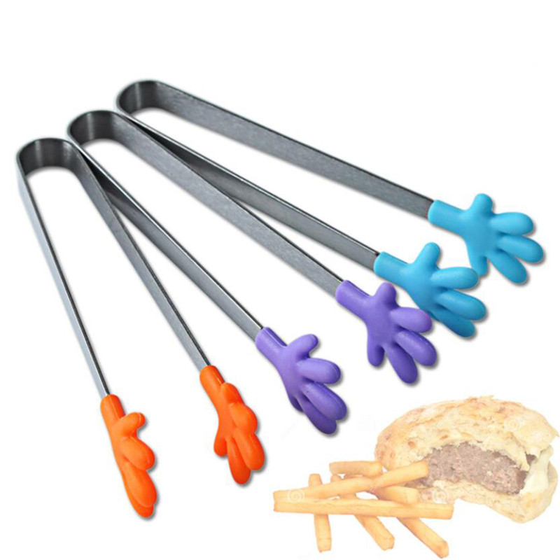 Palm Salad Serving Tongs Stainless Steel Handle Utensil Creative Hand Shape Kitchen Cooking Tools Mini Silicone Food Clip