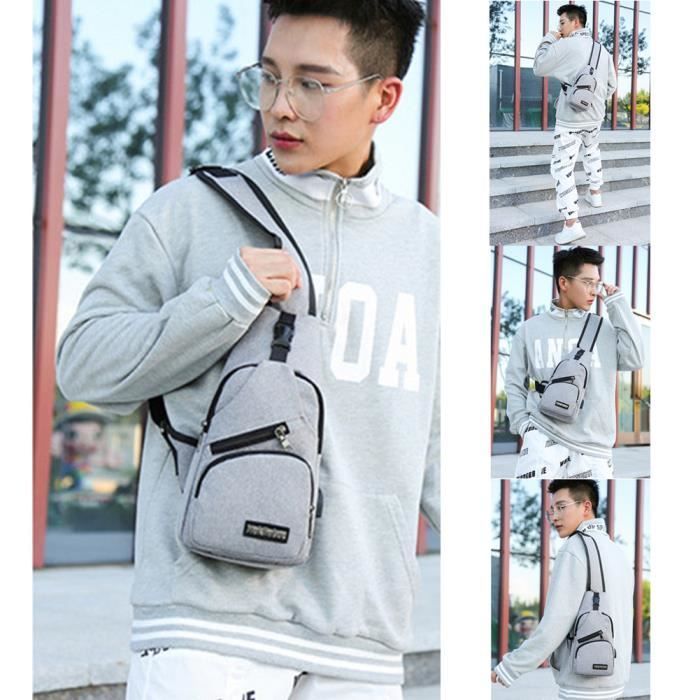 Bolso bandolera negro para hombre con puerto USB, ideal para deportes y viajes.