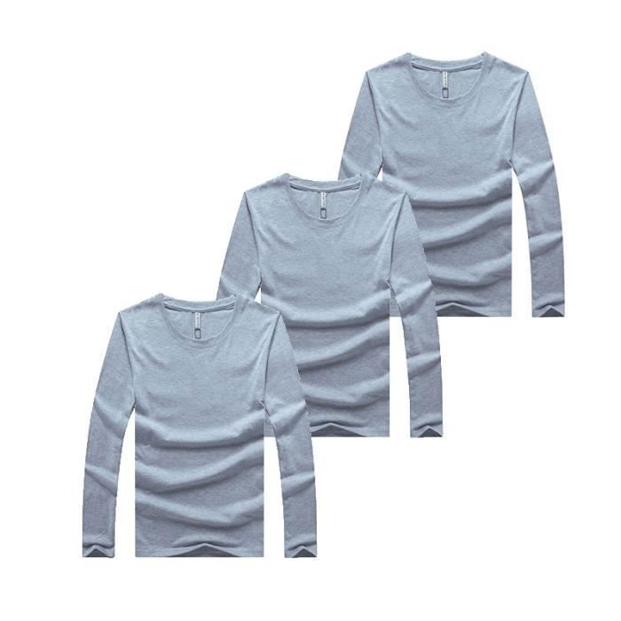 Pack of 3 Men's Long Sleeve Crew Neck T-Shirts, Solid Color - Grey - ZEWOW