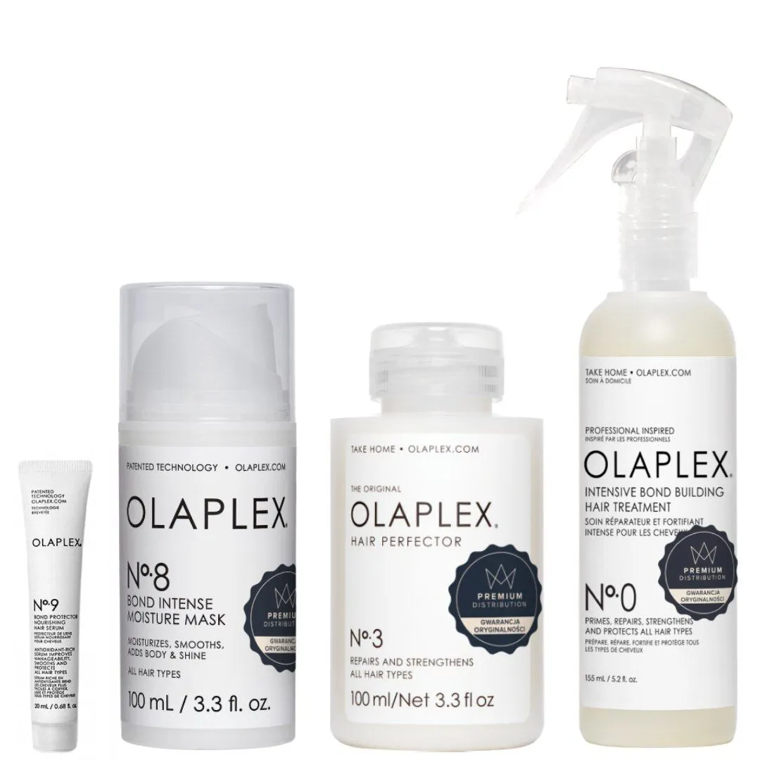 Olaplex Zestaw kosmetyków do intensywnej regeneracji włosów zniszczonych (Kuracja No. 0 + Kuracja No. 3 + Maska No. 8 + Serum No. 9)