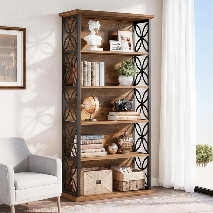 Librería alta de 6 niveles, 180 cm, estilo industrial con estructura metálica y estantes abiertos.