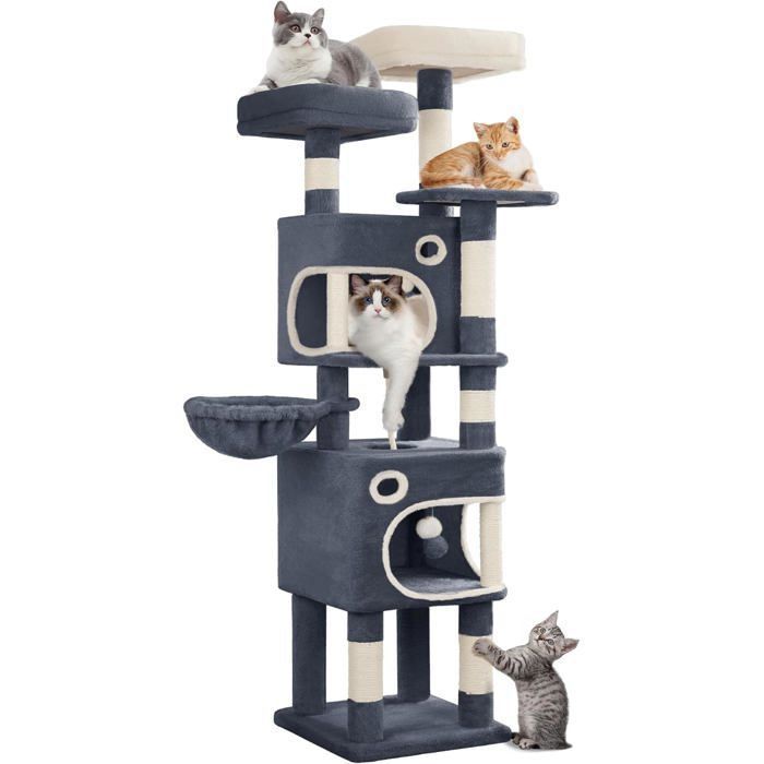 Árbol rascador para gatos, 159 cm de altura, torre de juegos con 8 postes rascadores, 3 plataformas, 2 cuevas, cesta y pompones, color gris oscuro.