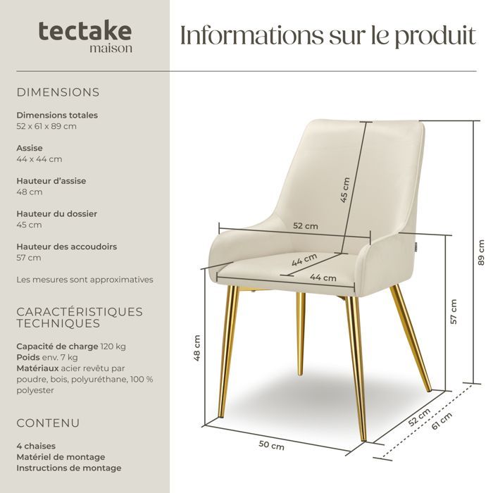 Chaises - TECTAKE - Lot de 4 chaises rembourrées style scandinave AVANE aspect velours forme ergonomique et dossier haut - Beige