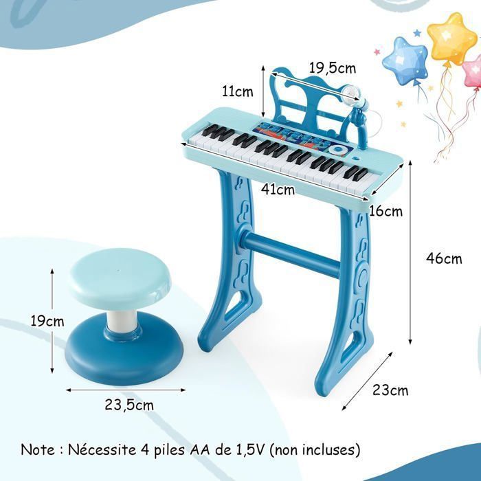 Pianoforte elettronico COSTWAY per bambini dai 3 anni in su, 37 tasti, con sgabello, microfono regolabile e leggio rimovibile, blu.
