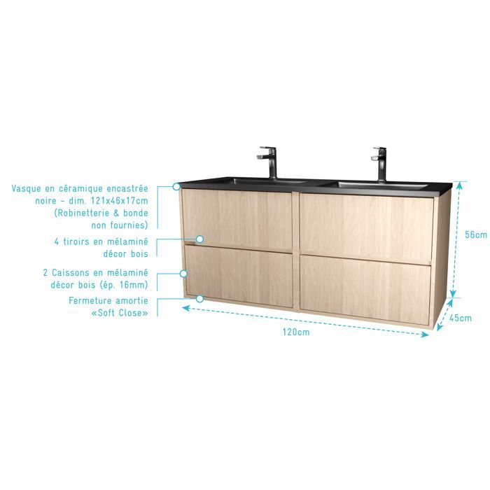 Mueble de baño de 120 cm con 4 cajones en roble claro + lavabo doble de cerámica negra - XENOS