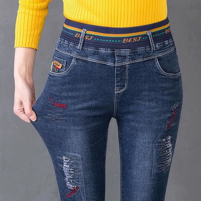 Jeans Femmes - FUNMOON - Taille Haute - Élastique - Coton - Style Occasionnel