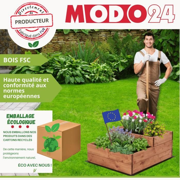 MODO24 Carré potager surélevé en bois, 4 niveaux en cascade, 54x117x120 cm, jardin/terrasse, kit jardinier inclus, brun imprégné