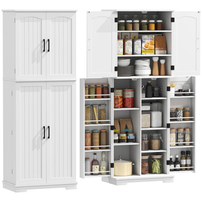 Aparador alto de cocina - HOMCOM - 4 puertas, 10 compartimentos, 8 especieros y estantes ajustables - MDF - 60x35x162cm - blanco