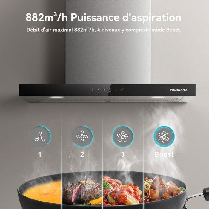 Hotte Aspirante - GASLAND - TR60SS - 60cm - 882m³/h - Commande Tactile 4 Niveaux